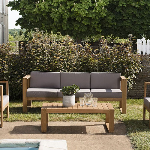 Salon de jardin 5 places en teck avec coussins taupe - Collection Majorque