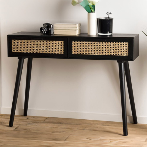 Console 2 tiroirs en bois noir et rotin - Collection Angelo