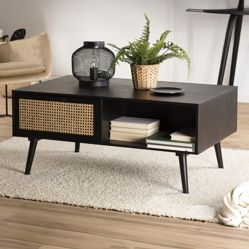 Table basse 2 tiroirs 2 niche en bois noir et rotin - Collection Rodrigo