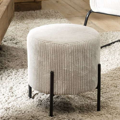 Tabouret rond en velours côtelé gris perle piètement métal - Collection Agathe