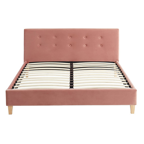 Lit adulte 140x190 avec tête de lit capitonnée en velours rose blush - sommier à lattes - Milo