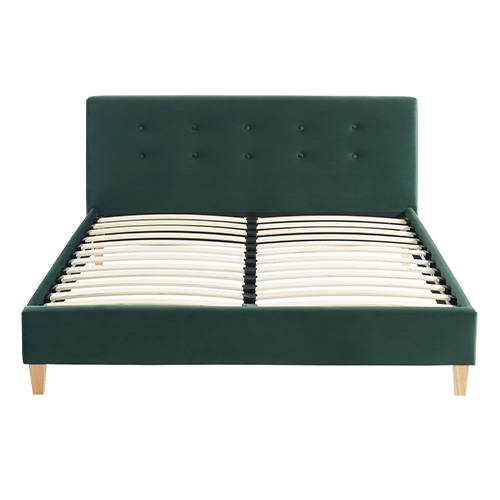 Lit adulte 140x190 avec tête de lit capitonnée en velours vert bouteille - sommier à lattes - Milo