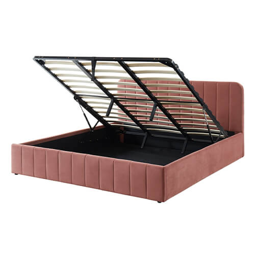 Lit coffre 180x200 en velours rose blush avec tête de lit + sommier à lattes - Ava