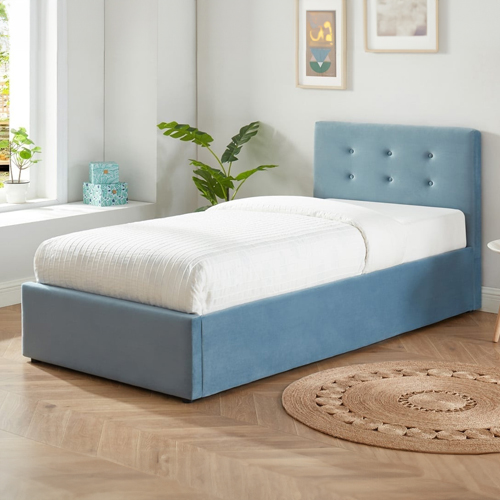 Ensemble lit coffre enfant 90x190 en velours bleu + matelas Memo HR avec tête de lit, sommier à lattes - Collection Tina