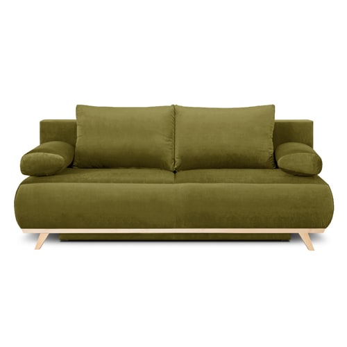 Canapé convertible 3 places avec coffre de rangement en velours vert olive - Collection Laria