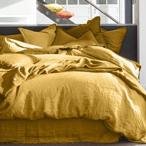 DRAP HOUSSE 180X200CM 100% LIN LAVÉ JAUNE CURRY