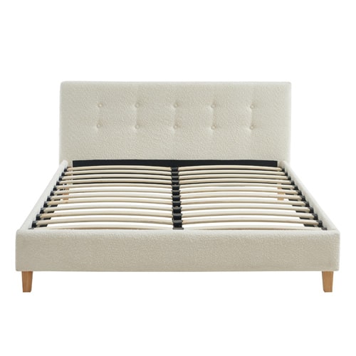 Lit adulte 140x190 avec tête de lit capitonnée en tissu bouclé beige - sommier à lattes - Milo