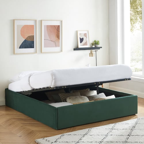 Lit coffre 140x190cm en velours vert + sommier à lattes - Handy