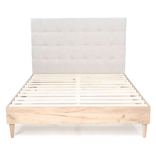 Lit adulte 160x200 cm en bois naturel avec sommier et tête de lit en tissu gris clair - Nico