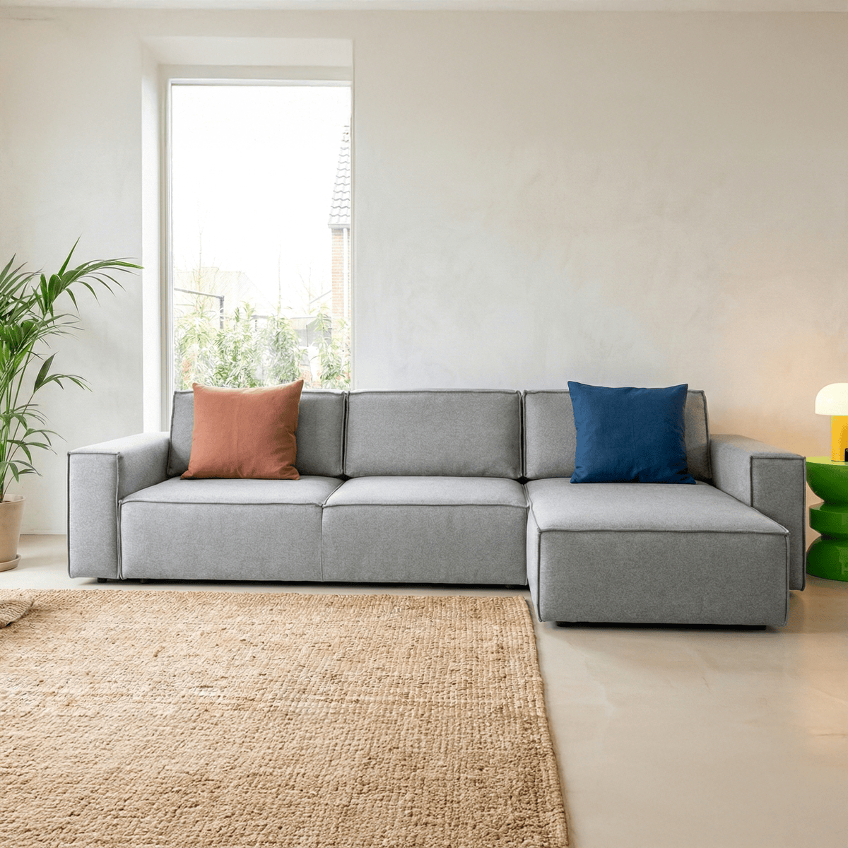 Canapé d'angle convertible réversible 5 places avec coffre de rangement en tissu gris chiné - Harper