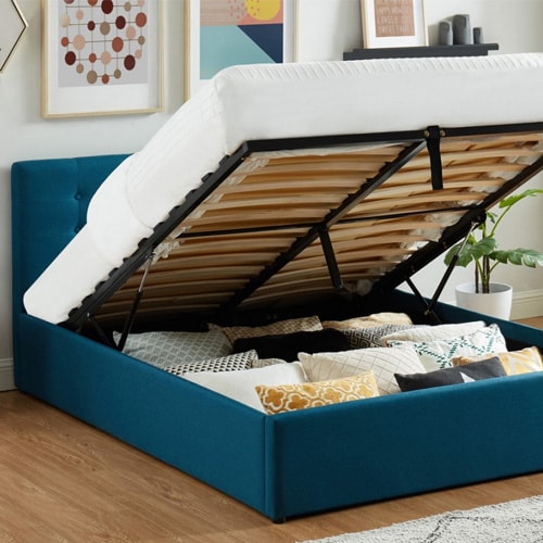 Ensemble lit coffre Tina en tissu bleu canard 140x190cm + Matelas mousse Clean Confort 19 cm