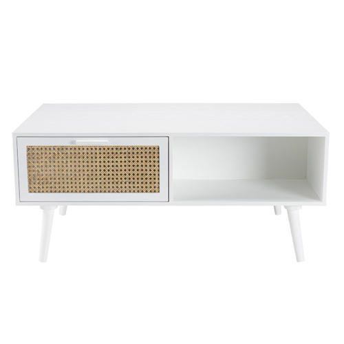 Table basse blanche 2 tiroirs 1 niche cannage naturel - Sandro