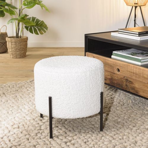 Tabouret rond 40x40cm tissu bouclette écru pieds métal noir - Albane