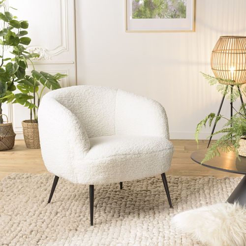 Fauteuil cosy tissu bouclette écru pieds métal noir - Albane