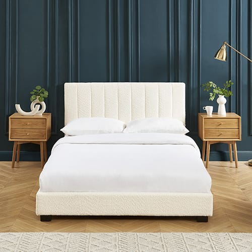 Lit adulte 140x190 avec tête de lit capitonnée en tissu bouclé beige - William