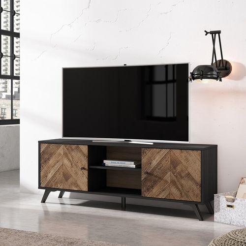 Meuble TV 2 portes effet bois à chevrons / noir 136 cm - Dario