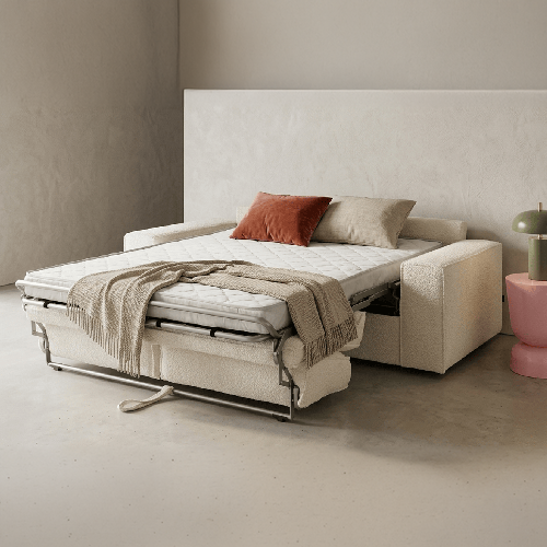 Canapé convertible 3 places en tissu bouclé écru - Dario