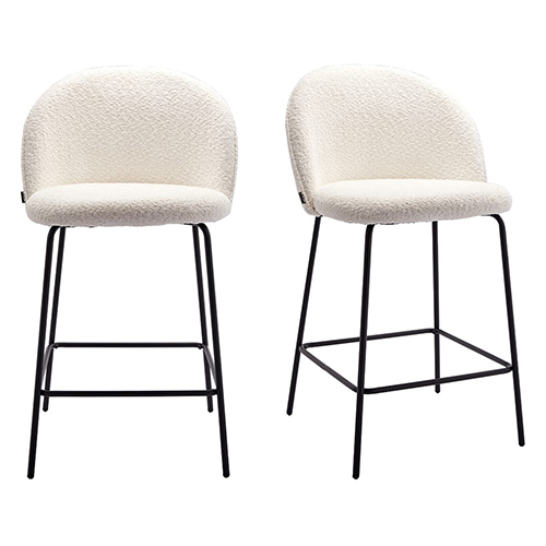 Lot de 2 tabourets de bar en tissu bouclette beige, piètement noir - Alta