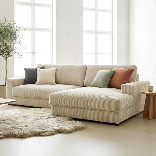 Canapé d'angle droit convertible 3 places avec coffre de rangement en velours côtelé beige - Arty