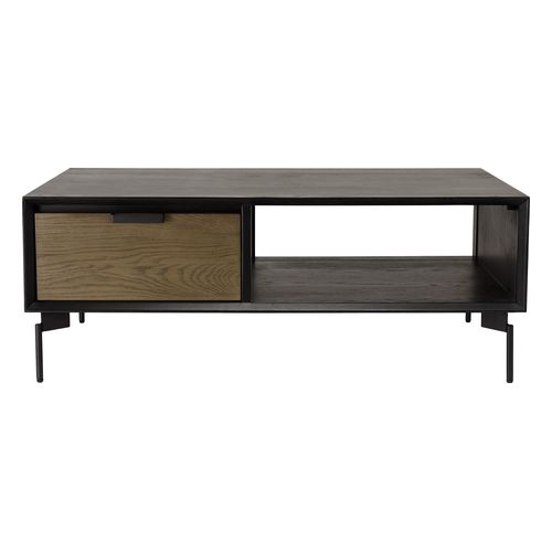 Table basse noire 1 niche 2 tiroirs marron foncé pieds métal ALMA