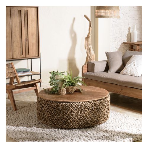 Table basse ronde 100cm en tissage de fibre de cocotier - Sixtine