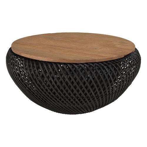 Table basse ronde 65cm en rotin noir plateau amovible - Sixtine