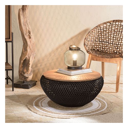 Table basse ronde 65cm en rotin noir plateau amovible - Sixtine