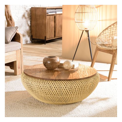 Table basse ronde 80x80cm en rotin beige plateau amovible - Sixtine