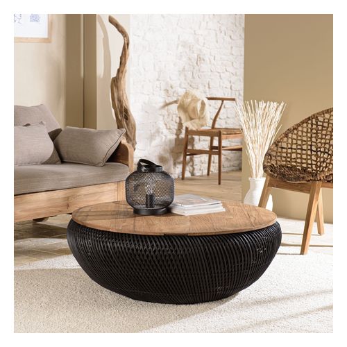 Table basse ronde 100x100cm en rotin noir plateau amovible - Sixtine