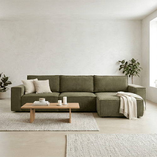 Canapé d'angle convertible réversible 5 places avec coffre de rangement en velours côtelé kaki - Harper