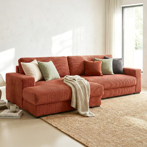 Canapé d'angle gauche convertible 3/4 places avec coffre de rangement en velours côtelé rouille - ARTY