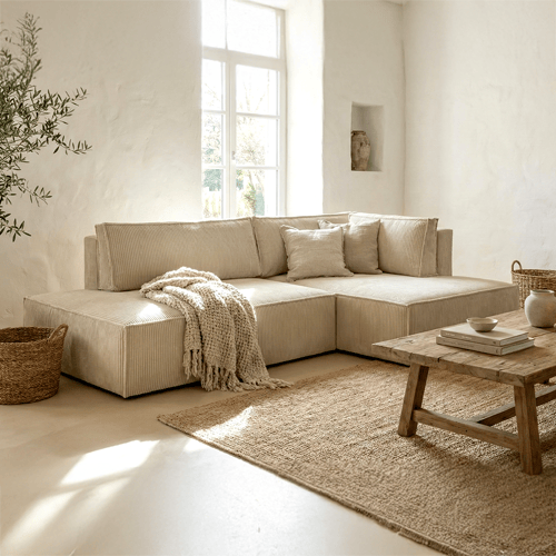 Canapé d'angle à droite convertible 3 places avec coffre de rangement en velours côtelé beige - Barani