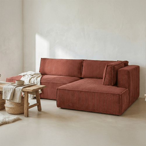 Canapé d'angle à droite convertible 3 places avec coffre de rangement en velours côtelé rouille - Barani