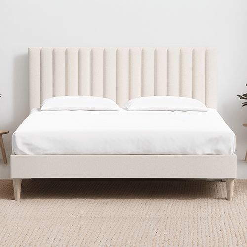 Lit adulte 140x190 en velours beige avec tête de lit matelassée - Eliot