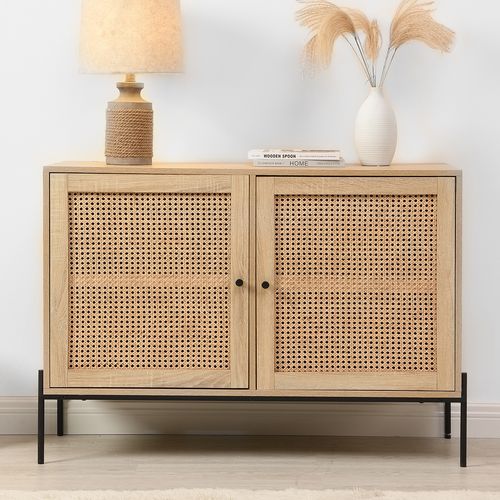 Buffet 2 portes en cannage naturel et effet chêne 110 cm - Iris