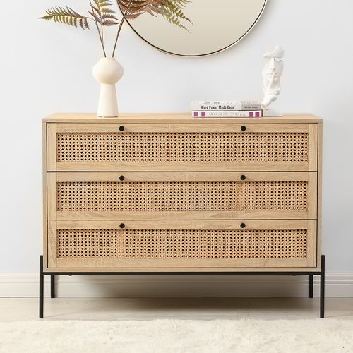 Commode 3 tiroirs en cannage naturel et effet chêne 105 cm - Iris