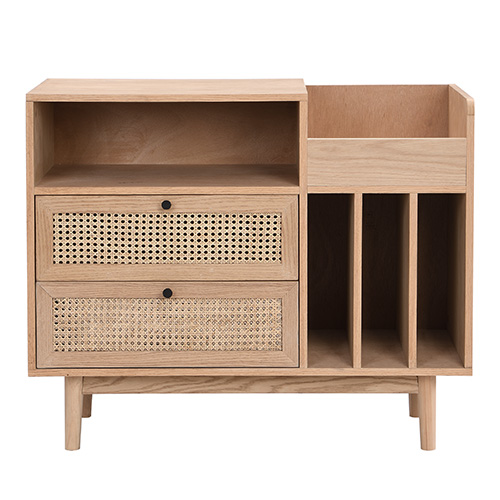 Meuble range vinyles 2 tiroirs en cannage naturel et placage chêne 90 cm - Eden