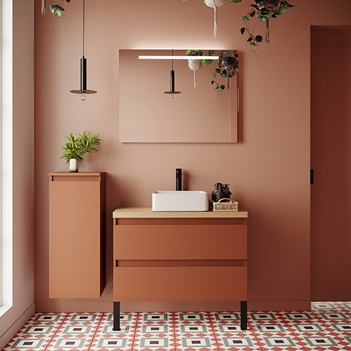 Meuble de salle de bain suspendu vasque à poser 90cm 2 tiroirs Terracotta + miroir - Hudson