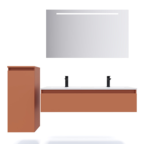 Meuble de salle de bain suspendu double vasque intégrée 120cm 1 tiroir Terracotta + miroir - Rivage