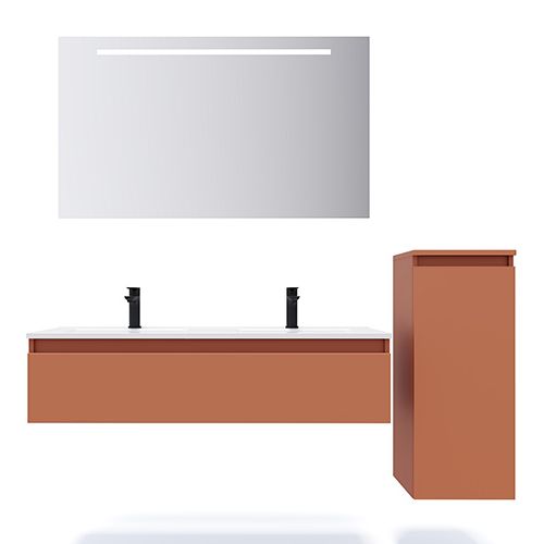 Meuble de salle de bain suspendu double vasque intégrée 120cm 1 tiroir Terracotta + miroir + colonne ouverture droite - Rivage