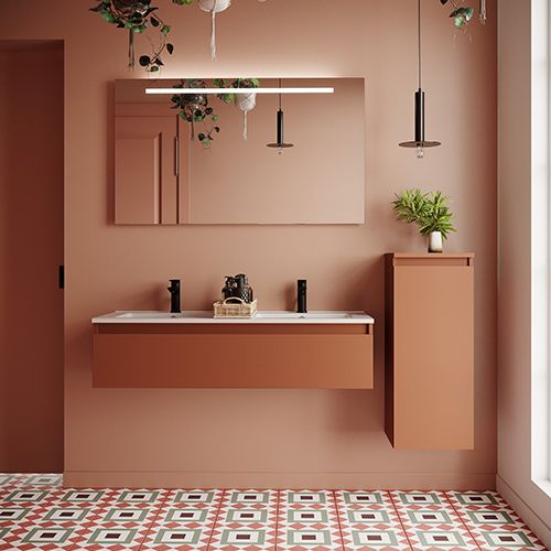 Meuble de salle de bain suspendu double vasque intégrée 120cm 1 tiroir Terracotta + miroir + colonne ouverture droite - Rivage