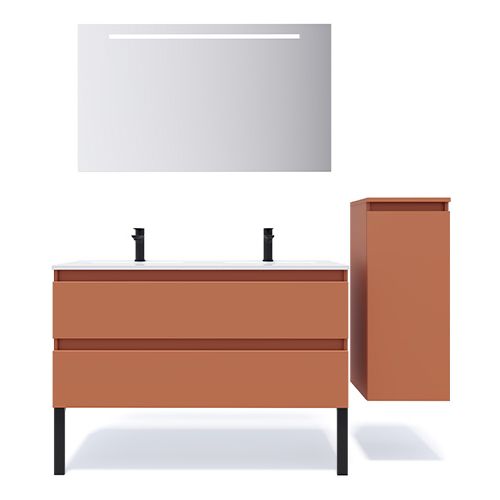 Meuble de salle de bain suspendu double vasque intégrée 120cm 2 tiroirs Terracotta + miroir + colonne ouverture droite - Rivage