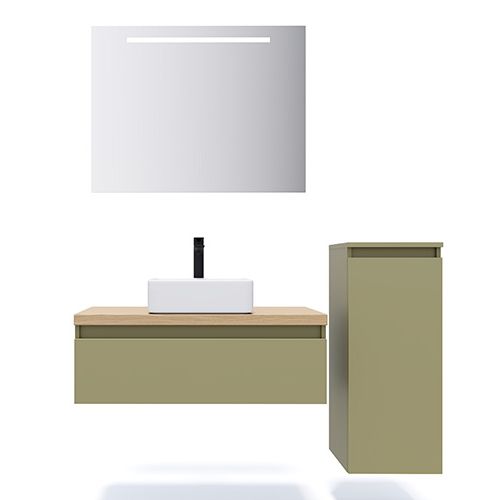 Meuble de salle de bain suspendu vasque à poser 90cm 1 tiroir Vert olive + miroir + colonne ouverture droite - Rivage