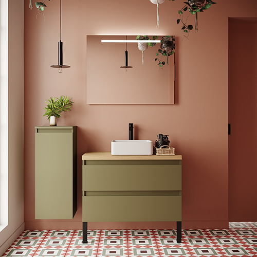 Meuble de salle de bain suspendu vasque à poser 90cm 2 tiroirs Vert olive + miroir - Rivage