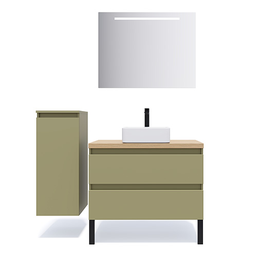 Meuble de salle de bain suspendu vasque à poser 90cm 2 tiroirs Vert olive + miroir + colonne ouverture gauche - Rivage