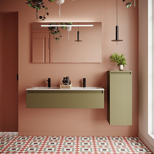 Meuble de salle de bain suspendu double vasque intégrée 120cm 1 tiroir Vert olive + miroir + colonne ouverture droite - Rivage