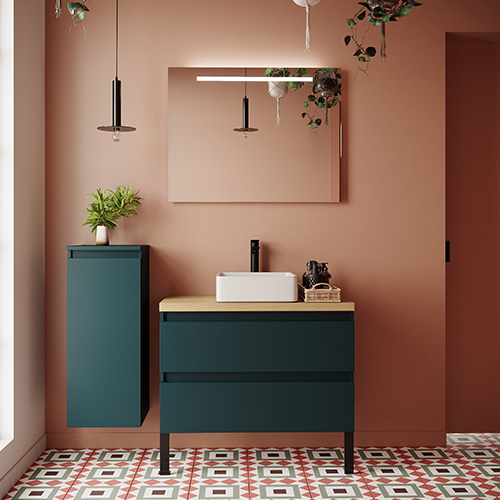 Meuble de salle de bain suspendu vasque à poser 90cm 2 tiroirs Bleu + miroir + colonne ouverture gauche - Rivage