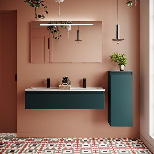 Meuble de salle de bain suspendu double vasque intégrée 120cm 1 tiroir Bleu + miroir + colonne ouverture droite - Rivage