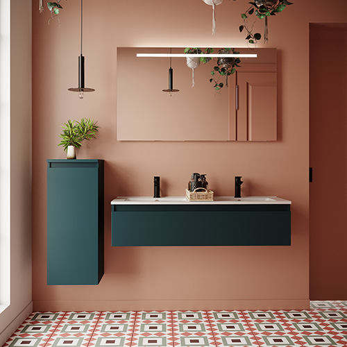 Meuble de salle de bain suspendu double vasque intégrée 120cm 1 tiroir Bleu + miroir + colonne ouverture gauche - Rivage