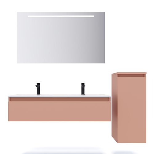 Meuble de salle de bain suspendu double vasque intégrée 120cm 1 tiroir Abricot + miroir + colonne ouverture droite - Rivage